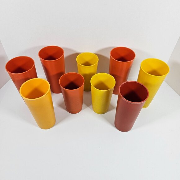 Vintage Tupperware Tumblers Lot Of 9 Yellow & Orange Tall Cups 3 sizes - Picture 1 of 9